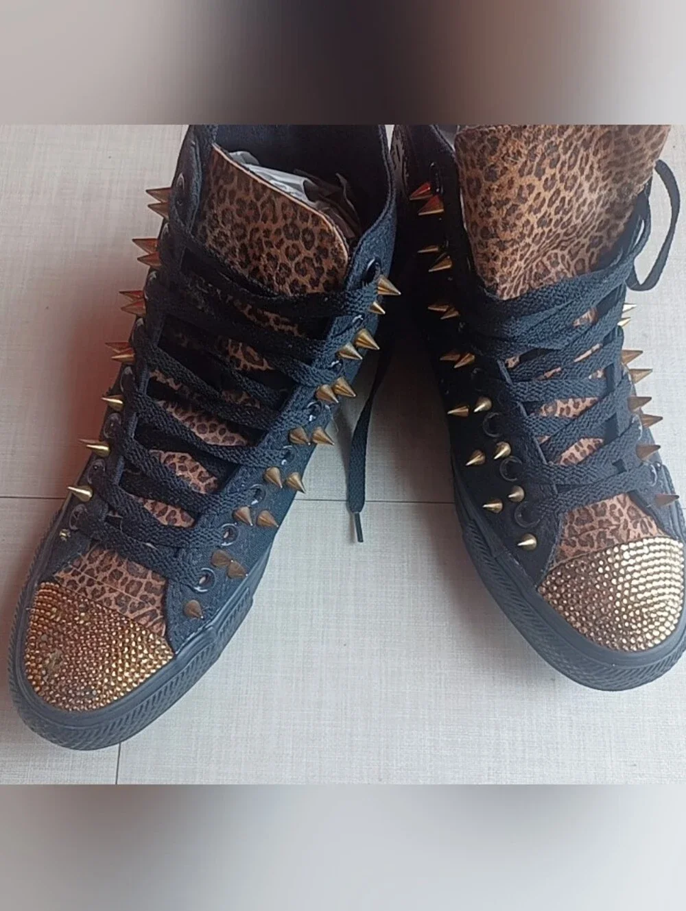 Converse Black High-Top Sneakers with Leopard Print and Gold Accents - Picture 10 of 16